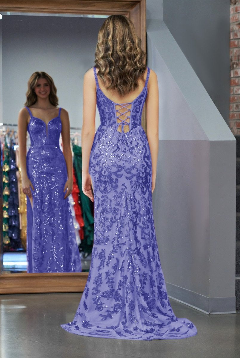 Sparkly Blue Sheath Sequins Long Prom Dress with Slit