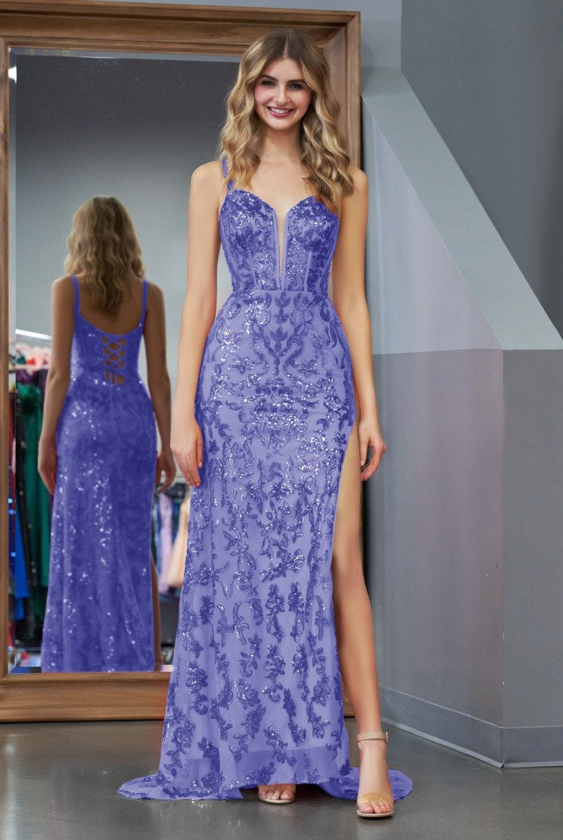 Erryn |Purple Sheath Sequins Long Prom Dress with Slit - KissProm