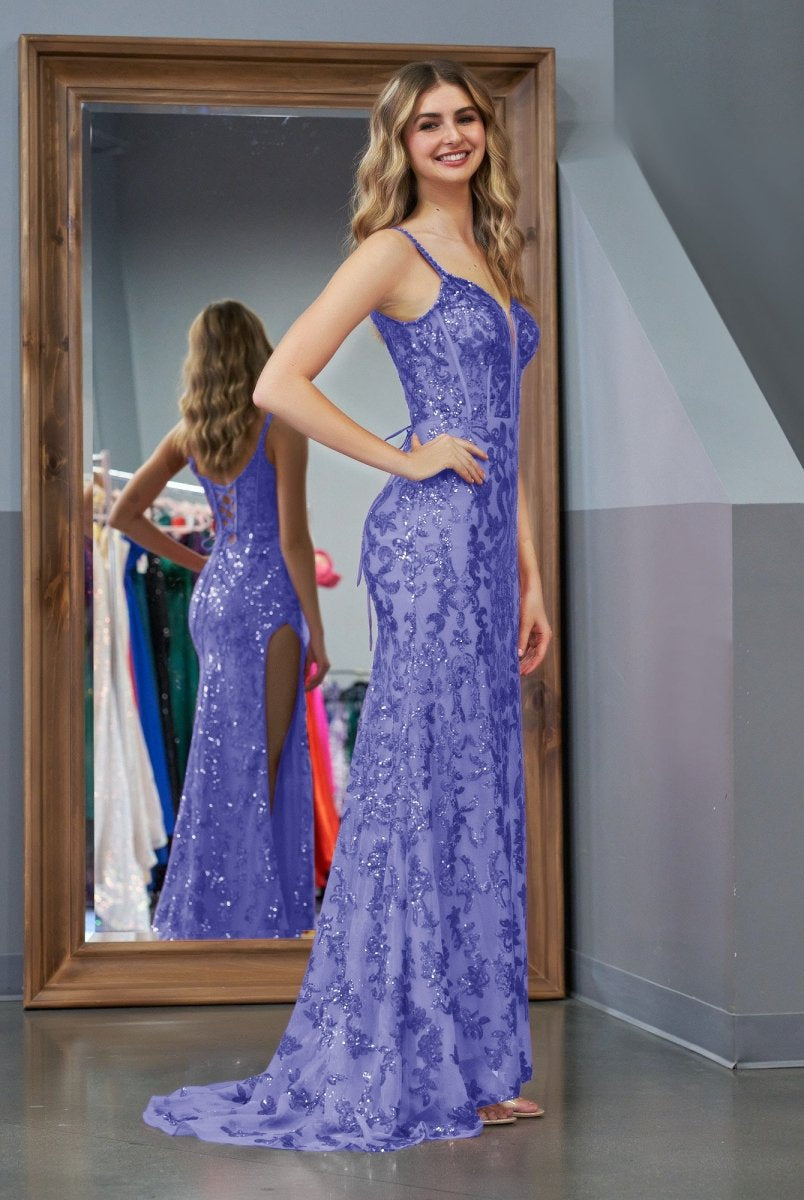 Erryn |Purple Sheath Sequins Long Prom Dress with Slit - KissProm