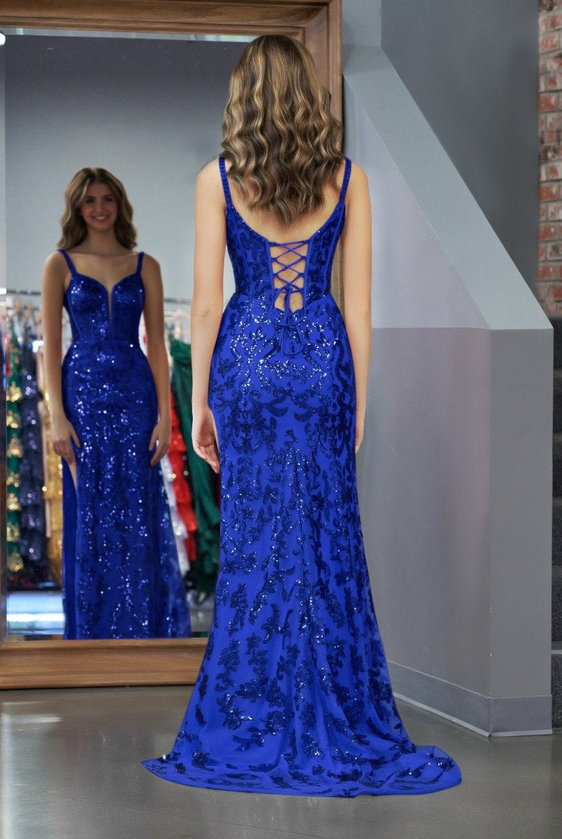Erryn |Sparkly Blue Sheath Sequins Long Prom Dress with Slit