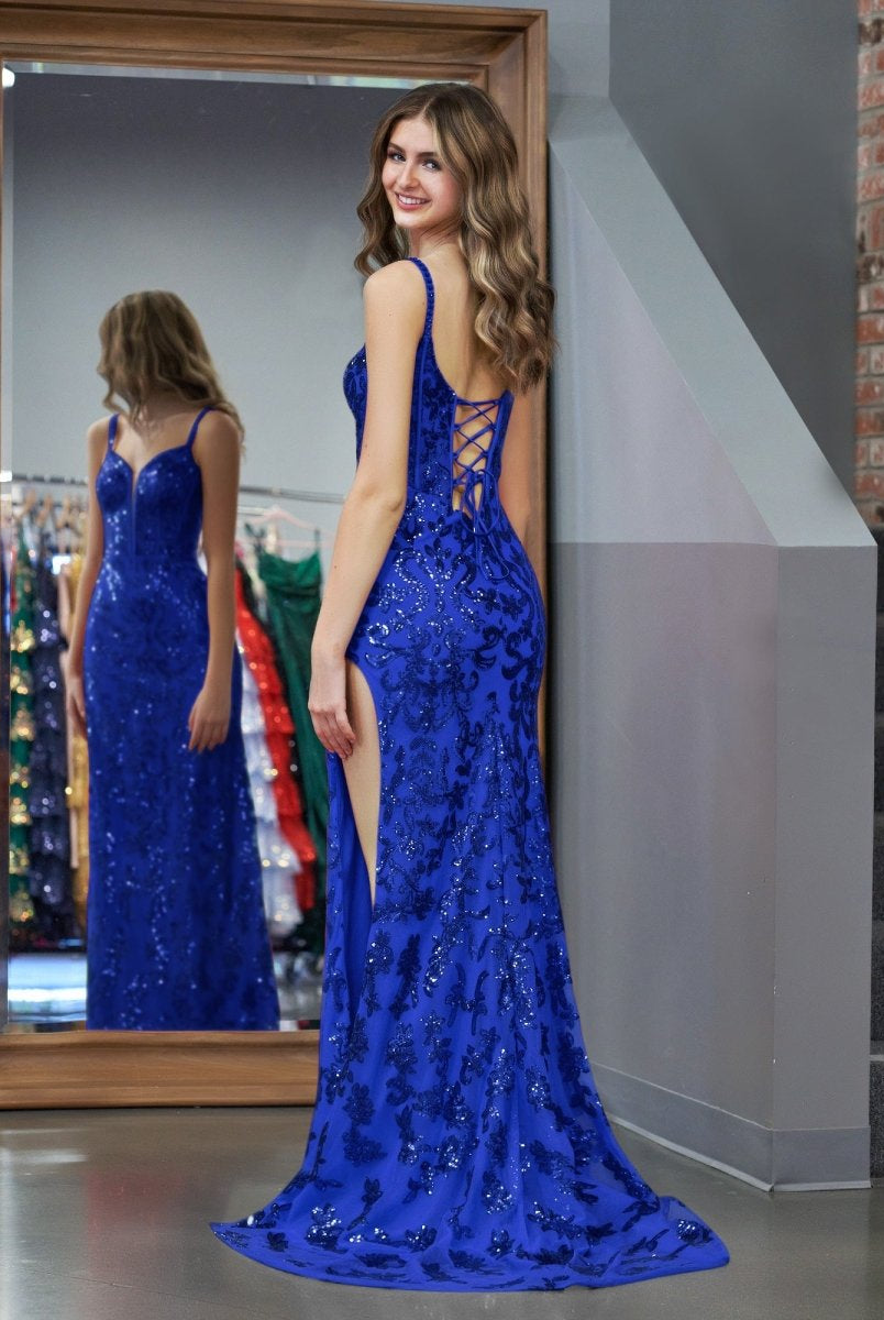 Erryn |Sparkly Blue Sheath Sequins Long Prom Dress with Slit