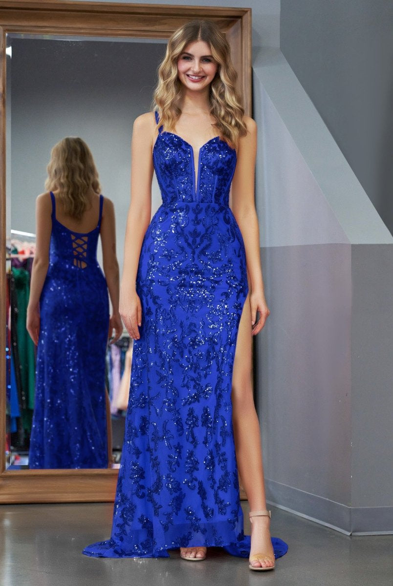 Erryn |Sparkly Blue Sheath Sequins Long Prom Dress with Slit