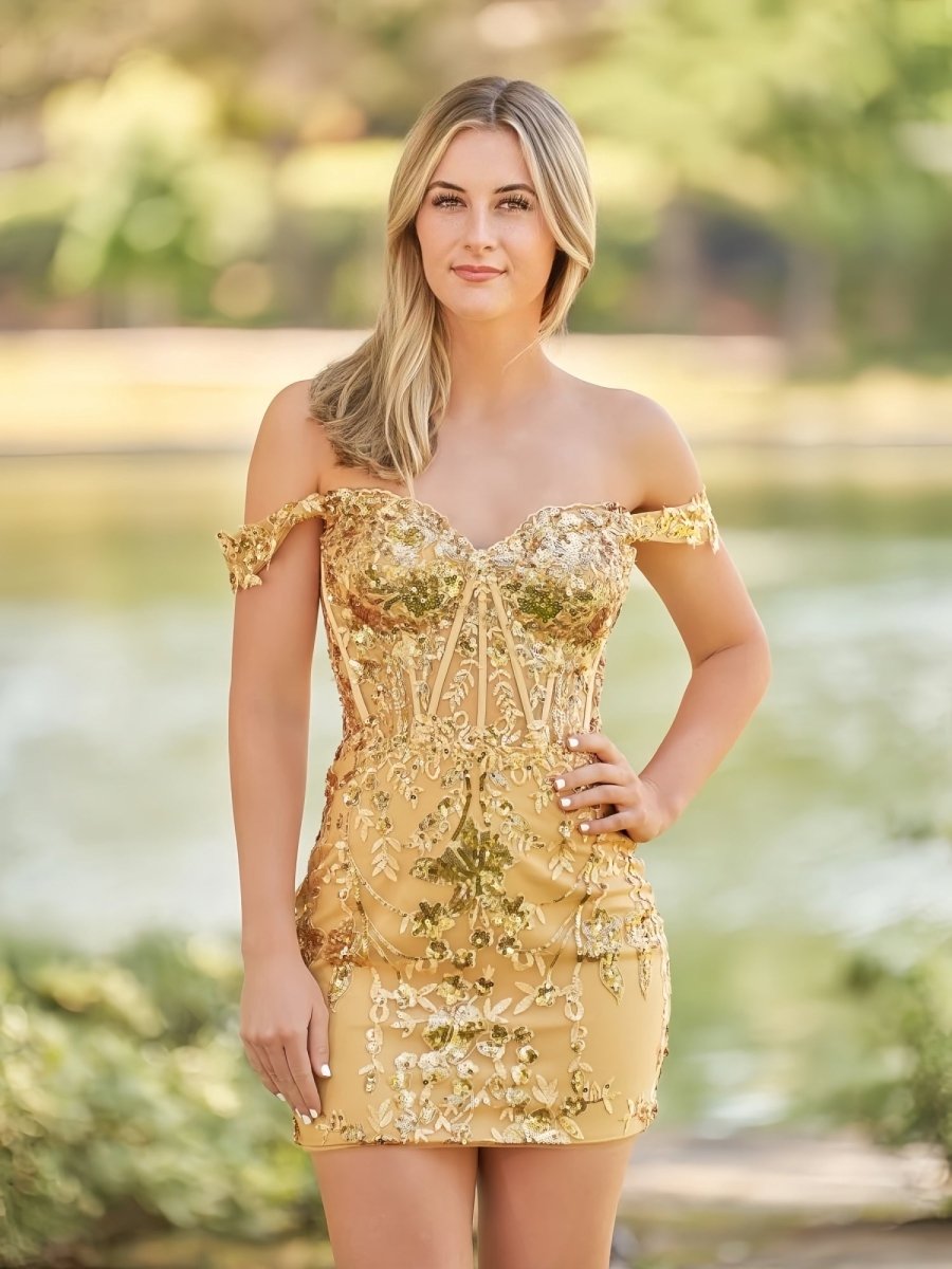 Erykah Short Off the Shoulder Sheath Gold Kace Corset Homecoming Dresses | KissProm Black / 12 Erykah Short Off the Shoulder Sheath Gold Kace Corset Homecoming Dresses | KissProm Black / 12