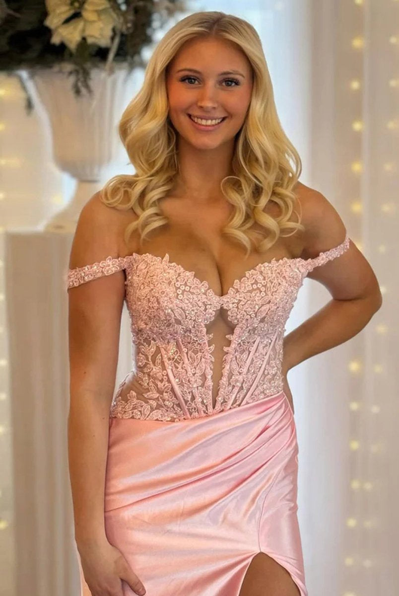 Eseld | Mermaid Sweetheart Pink Satin Long Prom Dresses With Split