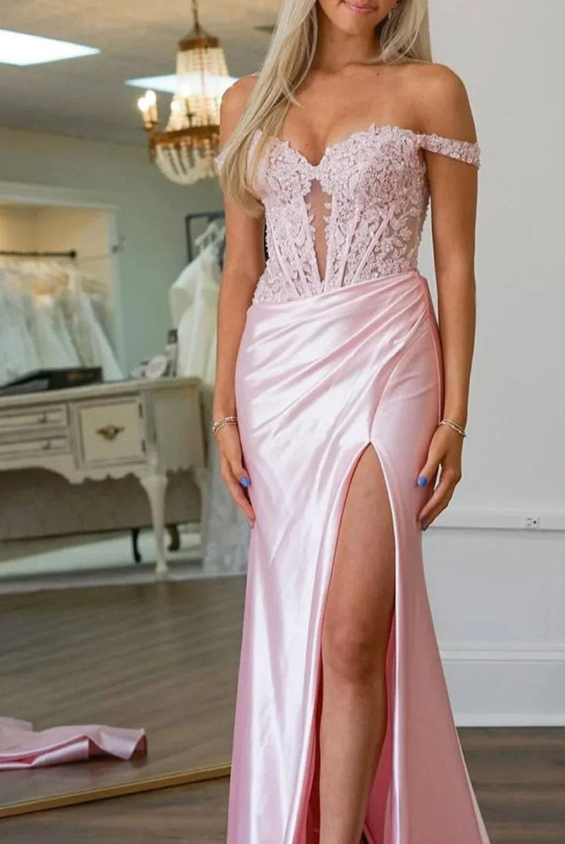 Eseld | Mermaid Sweetheart Pink Satin Long Prom Dresses With Split