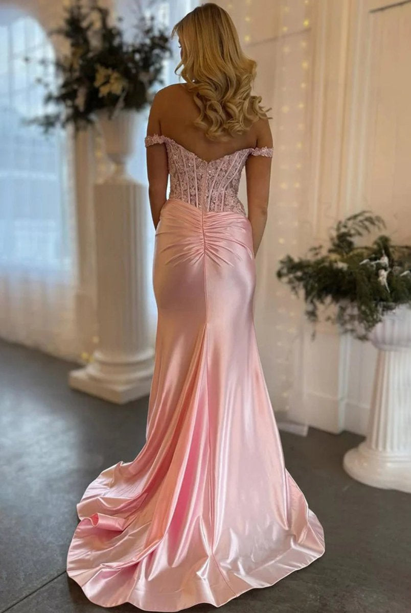 Eseld | Mermaid Sweetheart Pink Satin Long Prom Dresses With Split