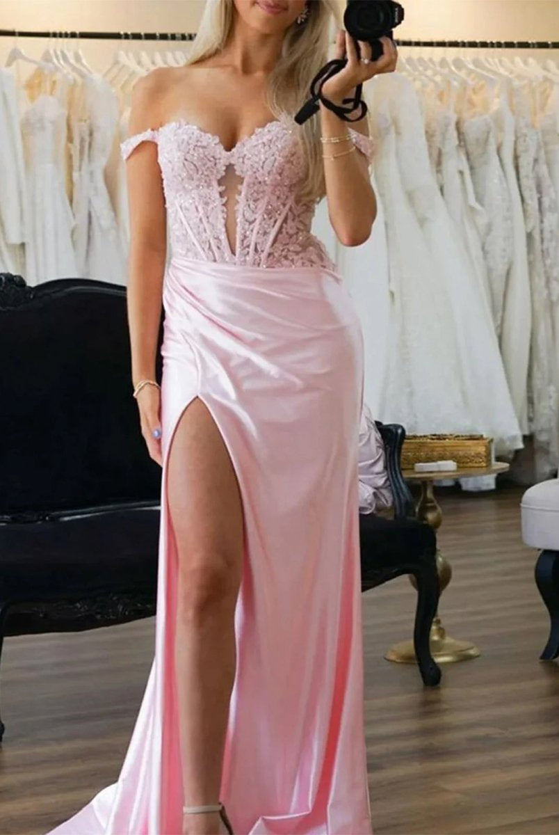 Eseld | Mermaid Sweetheart Pink Satin Long Prom Dresses With Split