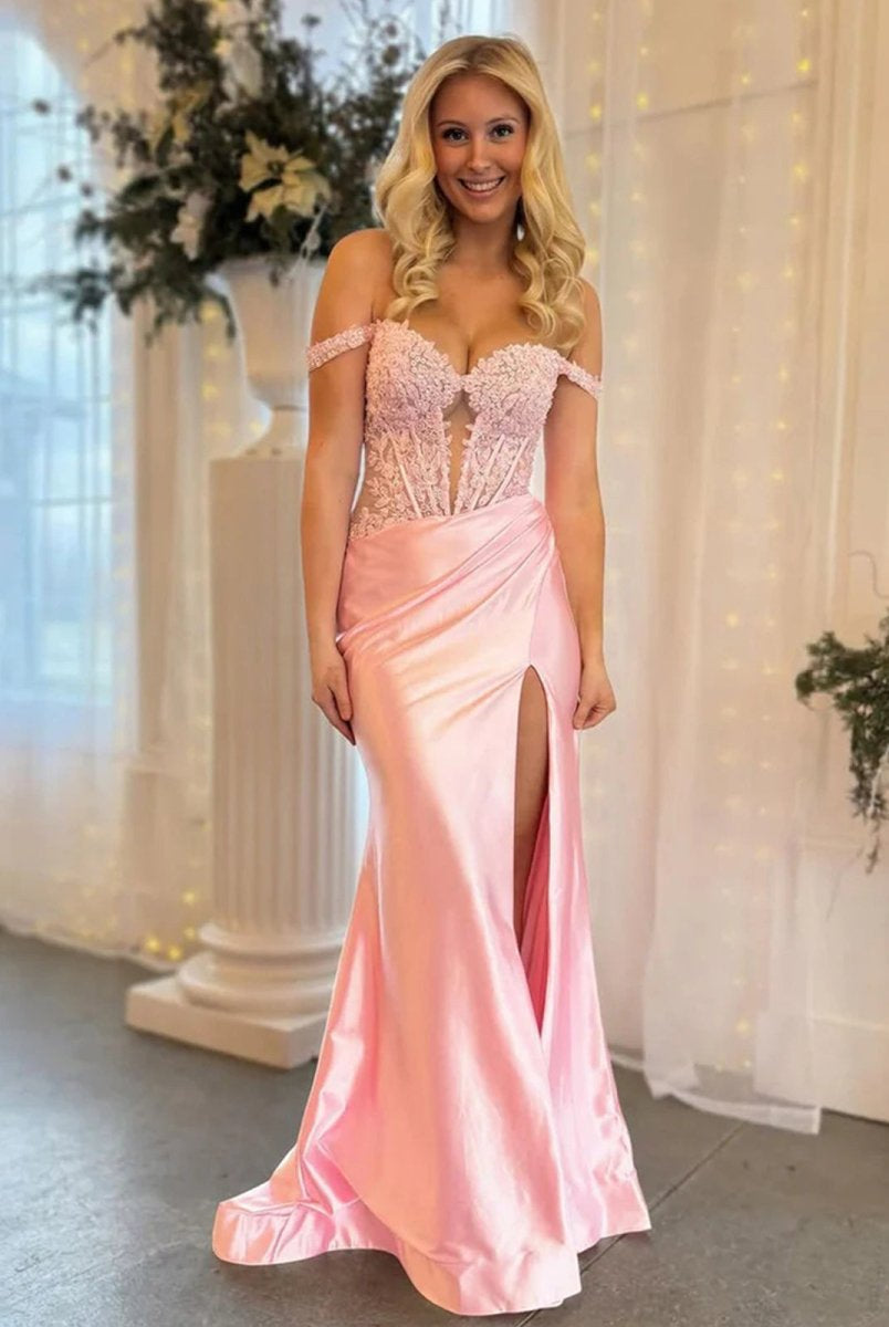 Eseld | Mermaid Sweetheart Pink Satin Long Prom Dresses With Split