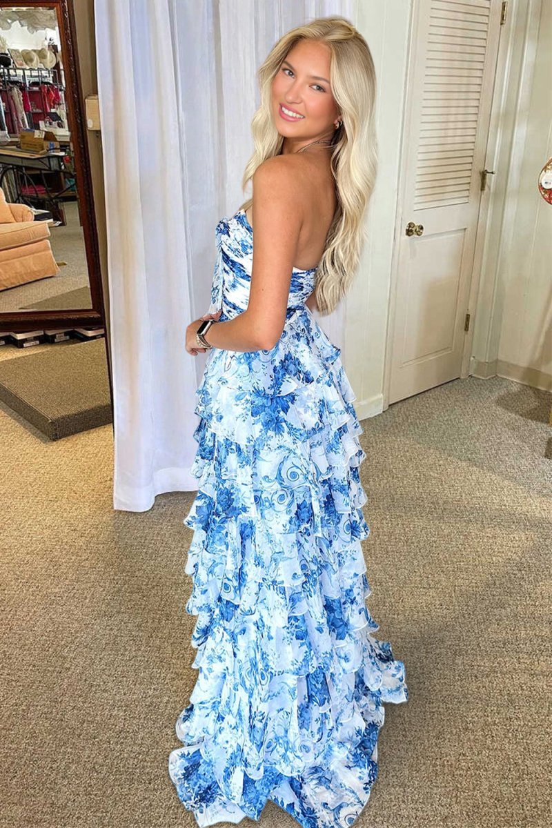 Esmelle | Blue - Strapless A Line Floral Chiffon Ruffled Formal Prom Dresses With Slit - KissProm