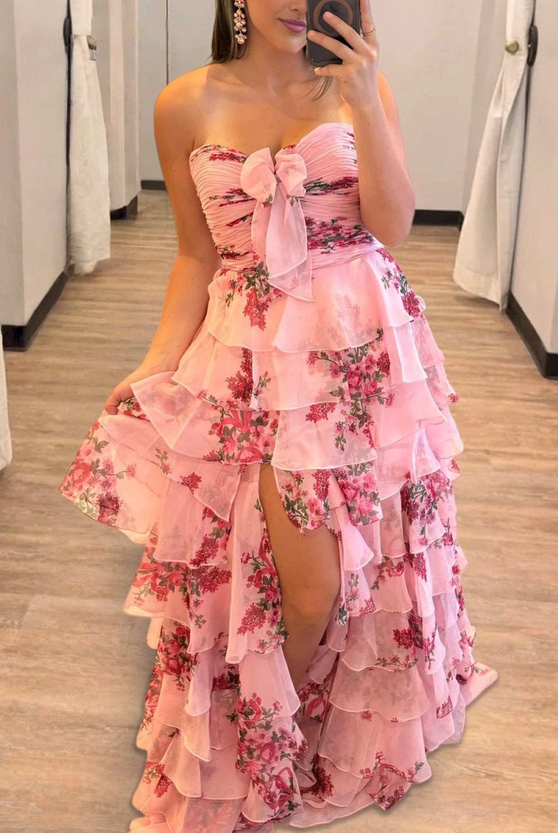 Esmelle | Hot Pink - Strapless A Line Floral Chiffon Ruffled Formal Prom Dresses With Slit - KissProm