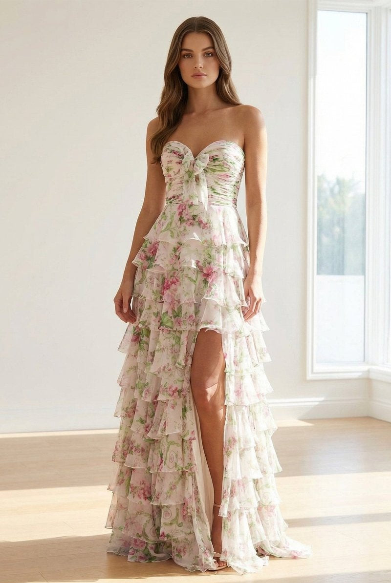 Esmelle | Hot Pink - A Line Strapless Floral Chiffon Ruffled Long Prom Dresses With Slit - KissProm