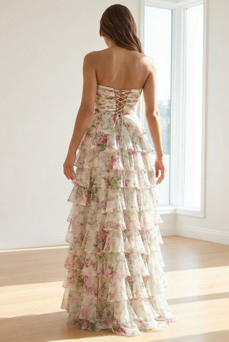 Esmelle | Hot Pink - A Line Strapless Floral Chiffon Ruffled Long Prom Dresses With Slit - KissProm