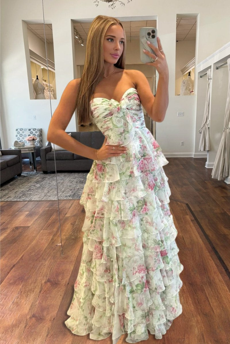 Esmelle | Purple - Strapless A Line Floral Chiffon Ruffled Formal Prom Dresses With Slit - KissProm