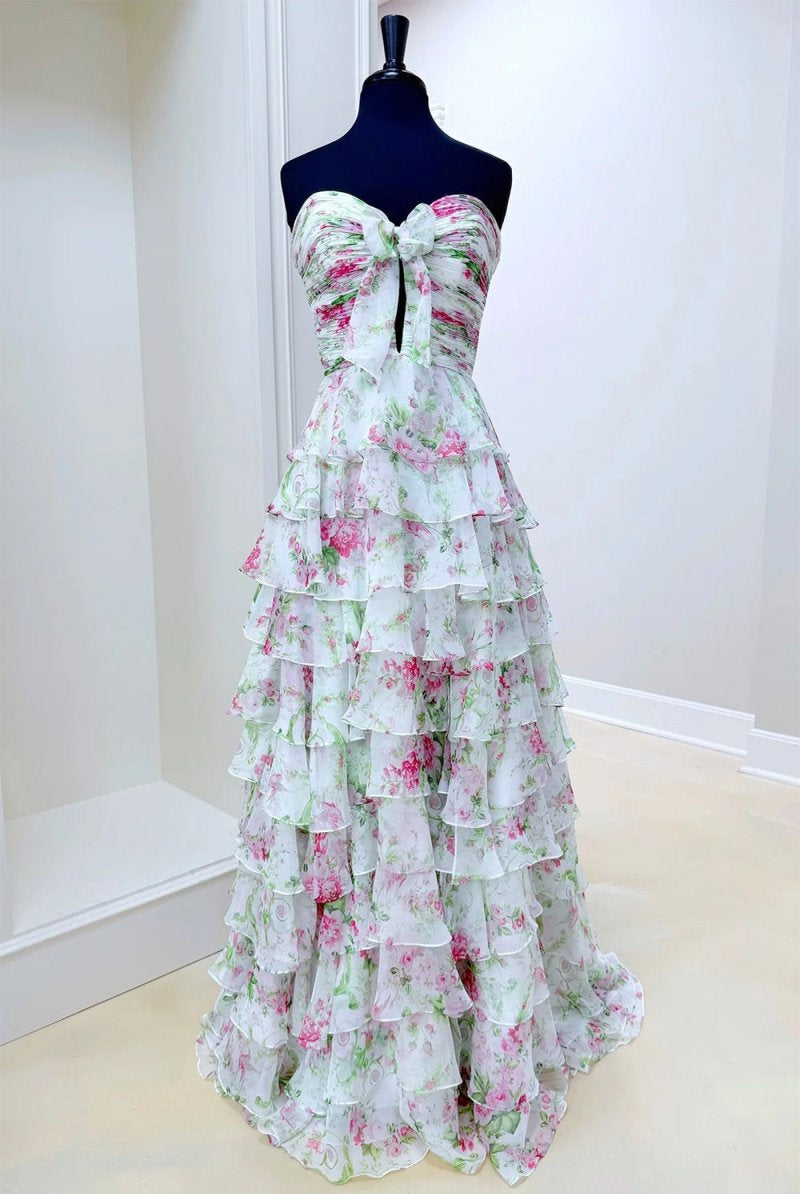 Esmelle | Purple - Strapless A Line Floral Chiffon Ruffled Formal Prom Dresses With Slit - KissProm