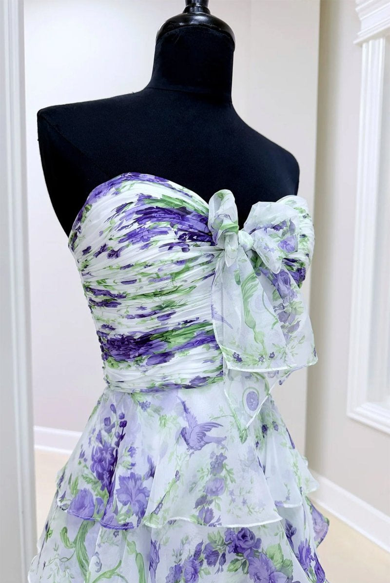 Esmelle | Purple - Strapless A Line Floral Chiffon Ruffled Formal Prom Dresses With Slit - KissProm