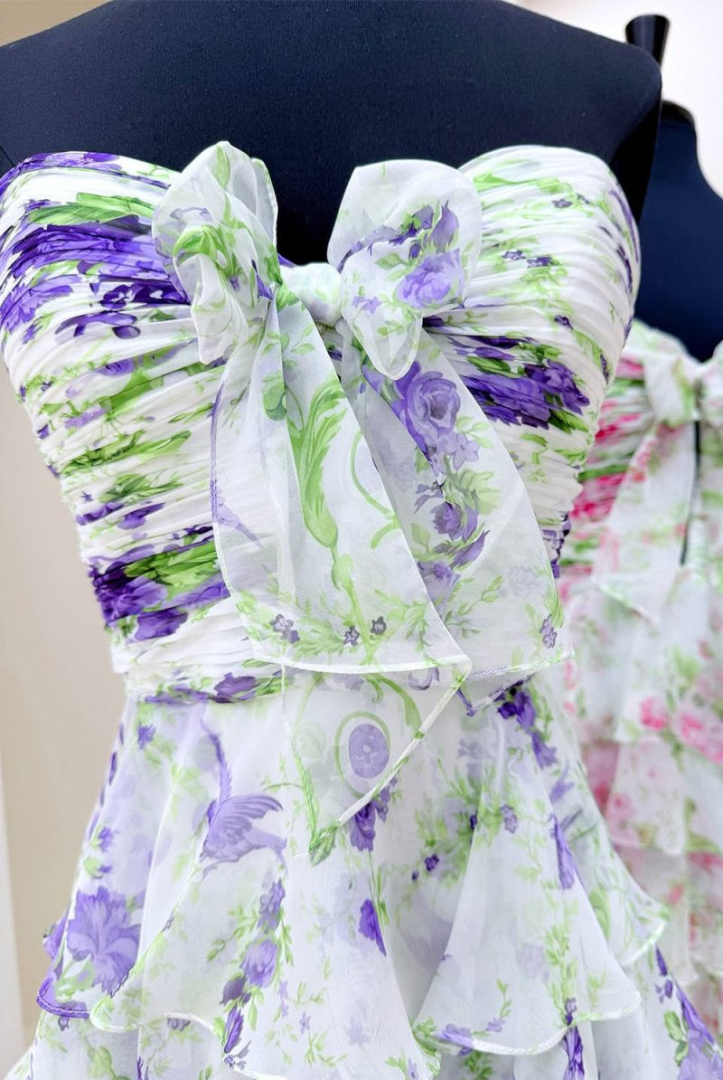 Esmelle | Purple - Strapless A Line Floral Chiffon Ruffled Formal Prom Dresses With Slit - KissProm