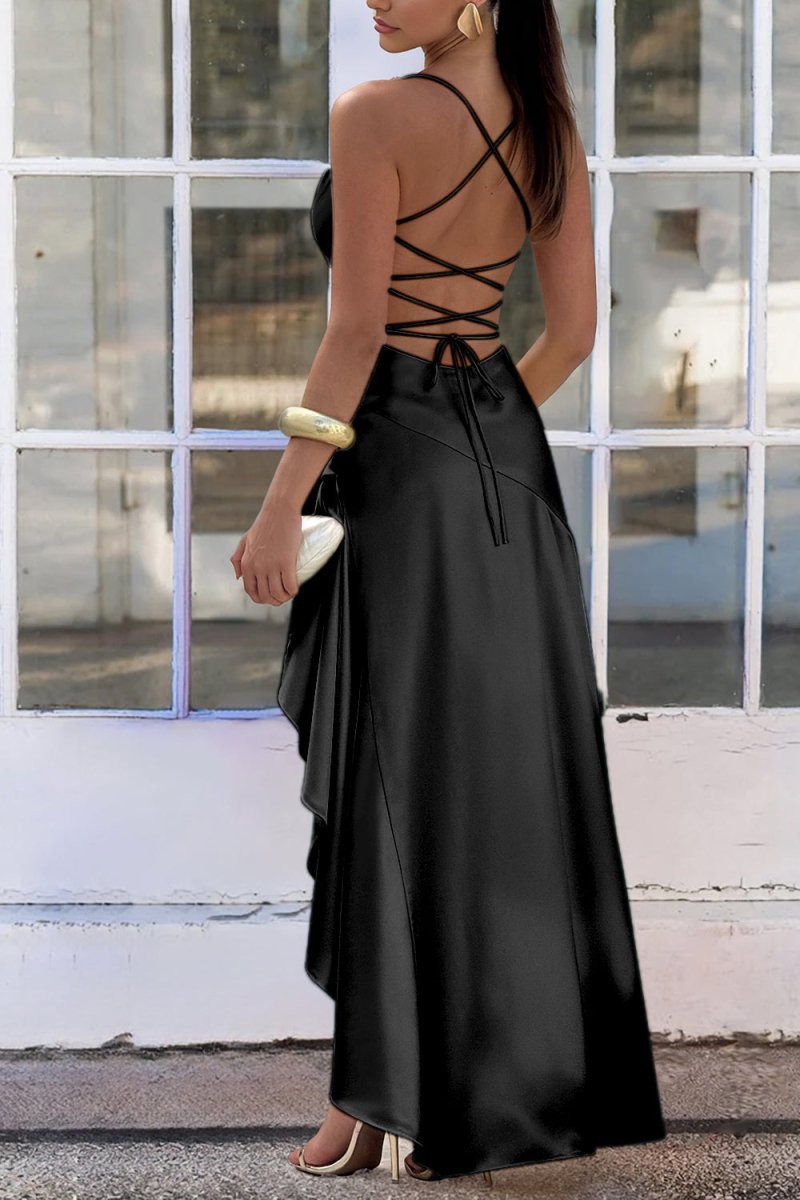Esoria | Black - Spaghetti Straps Sheath Satin High Low Prom Dresses With Ruffles - KissProm
