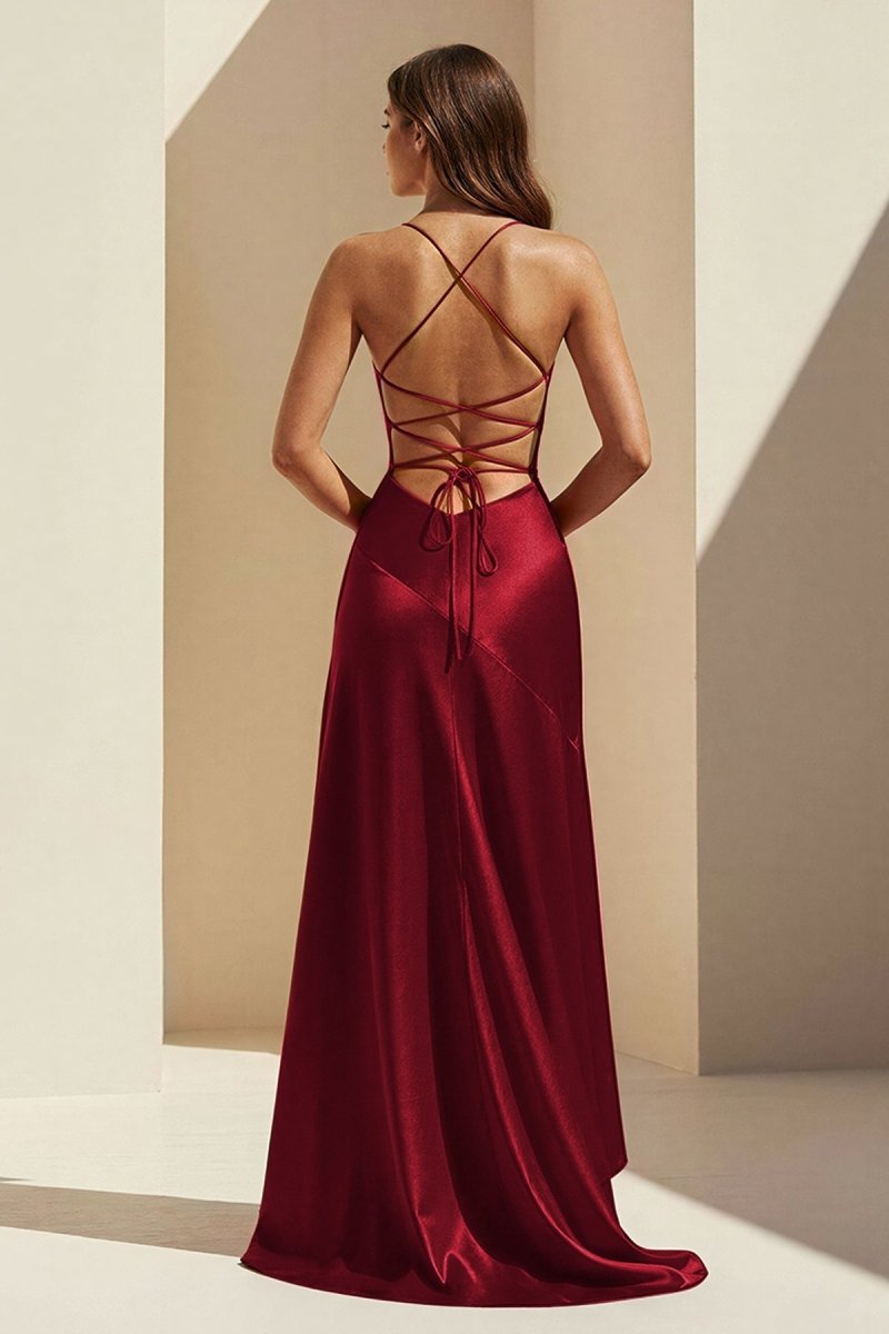 Esoria | Burgundy - Spaghetti Straps Sheath Satin High Low Prom Dresses With Ruffles - KissProm