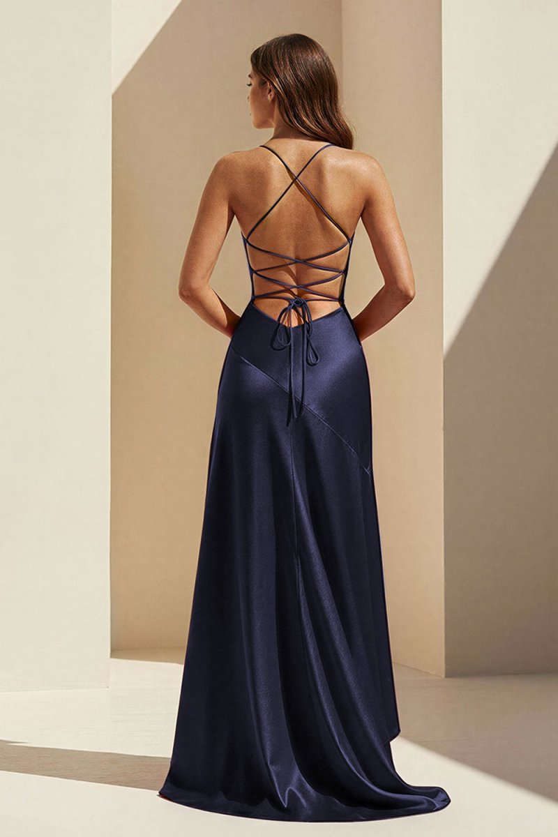 Esoria | Navy Blue - Spaghetti Straps Sheath Satin High Low Prom Dresses With Ruffles - KissProm