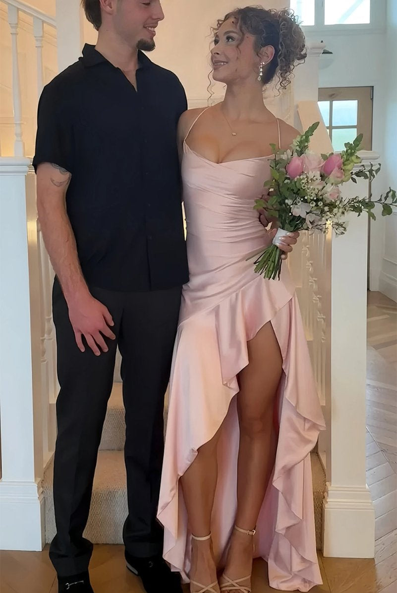 Esoria | Pink - Spaghetti Straps Sheath Satin High Low Prom Dresses With Ruffles - KissProm