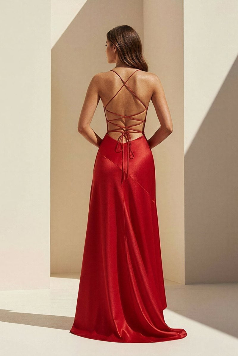 Esoria | Red - Spaghetti Straps Sheath Satin High Low Prom Dresses With Ruffles - KissProm