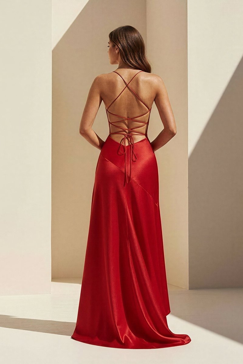 Esoria | Red - Spaghetti Straps Sheath Satin High Low Prom Dresses With Ruffles - KissProm