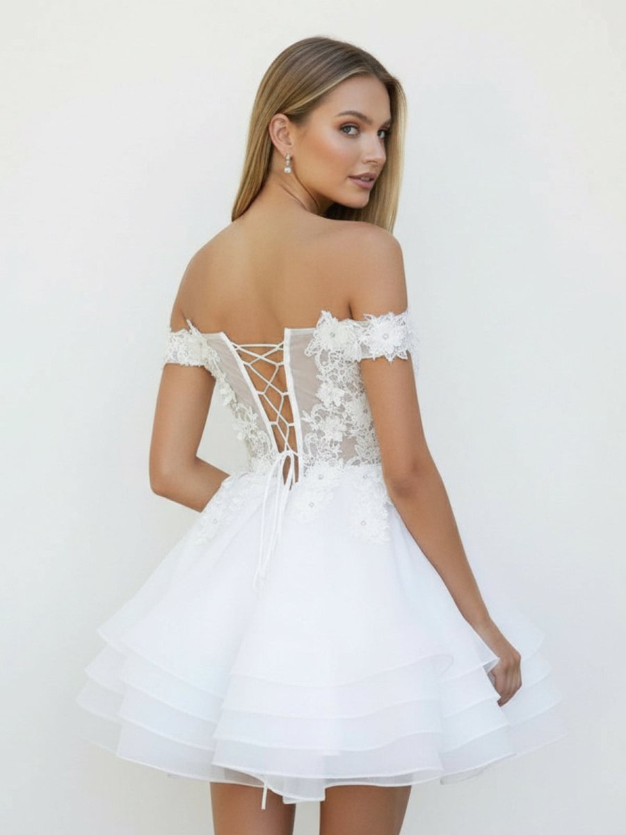 Estaline | A - Line Lace Organza Appliqued Off - the Shoulder Prom Dress - KissProm