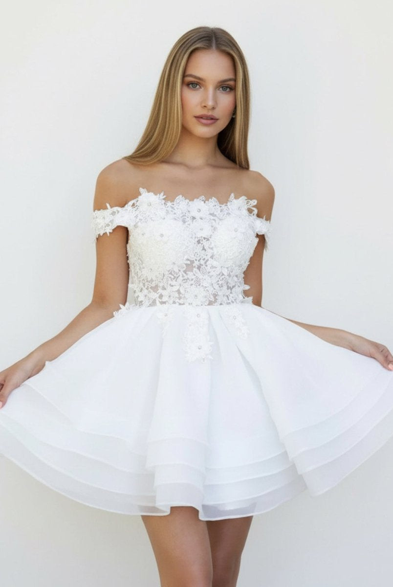 Estaline | A - Line Lace Organza Appliqued Off - the Shoulder Prom Dress - KissProm