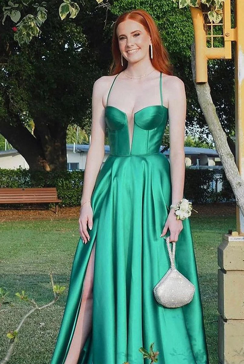 Etherea | A Line Sweetheart Green Satin Long Prom Dresses with Slit - KissProm