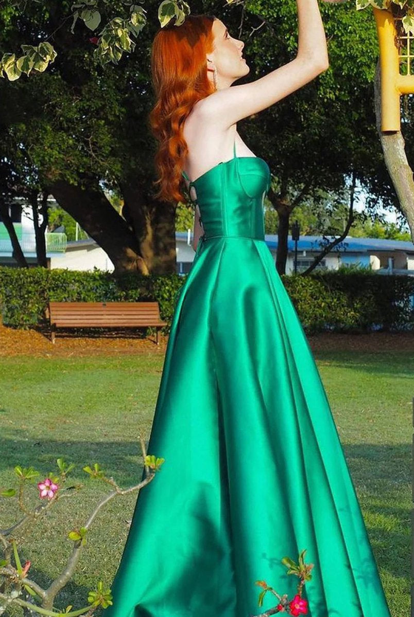 Etherea | A Line Sweetheart Green Satin Long Prom Dresses with Slit - KissProm