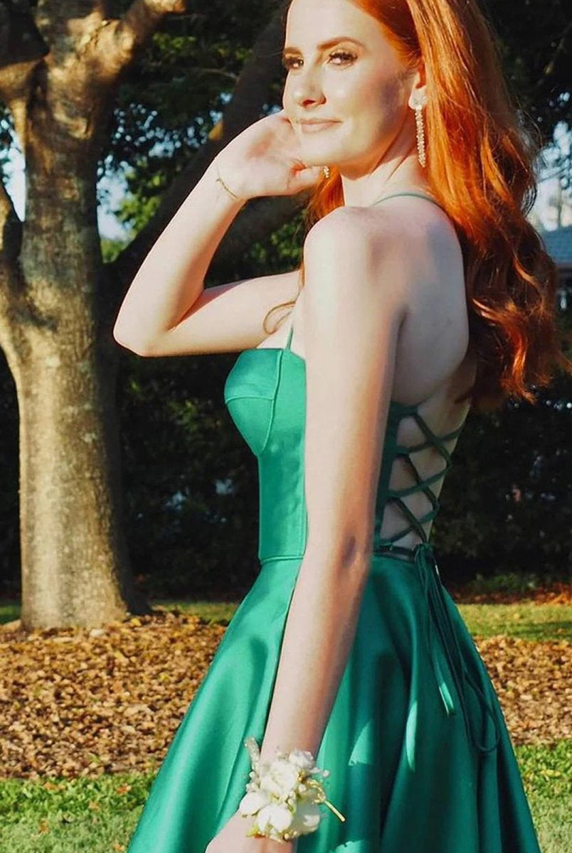 Etherea | A Line Sweetheart Green Satin Long Prom Dresses with Slit - KissProm