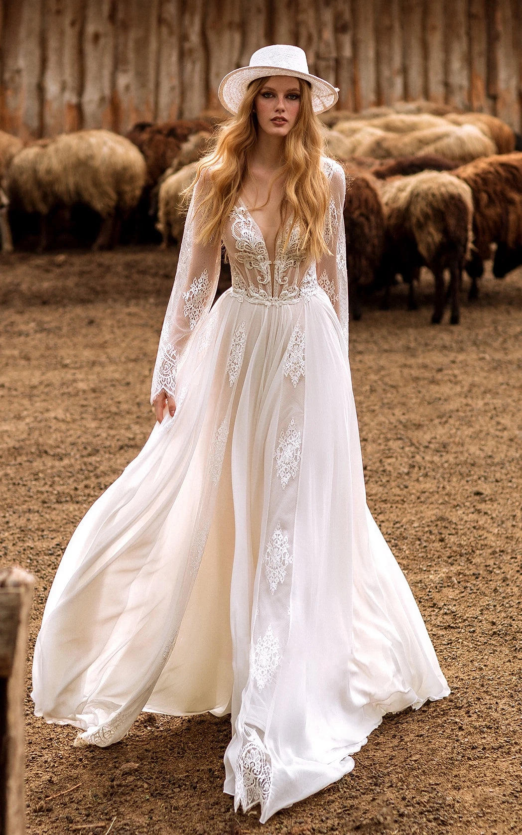 Calista | A-Line Boho Lace Wedding Dress with Sleeves Plunging Neckline Sweep Train