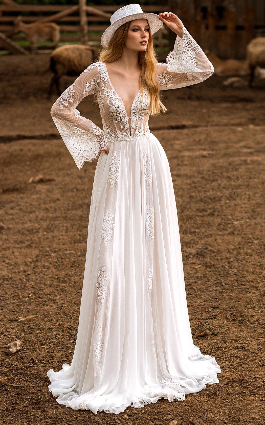 Calista | A-Line Boho Lace Wedding Dress with Sleeves Plunging Neckline Sweep Train
