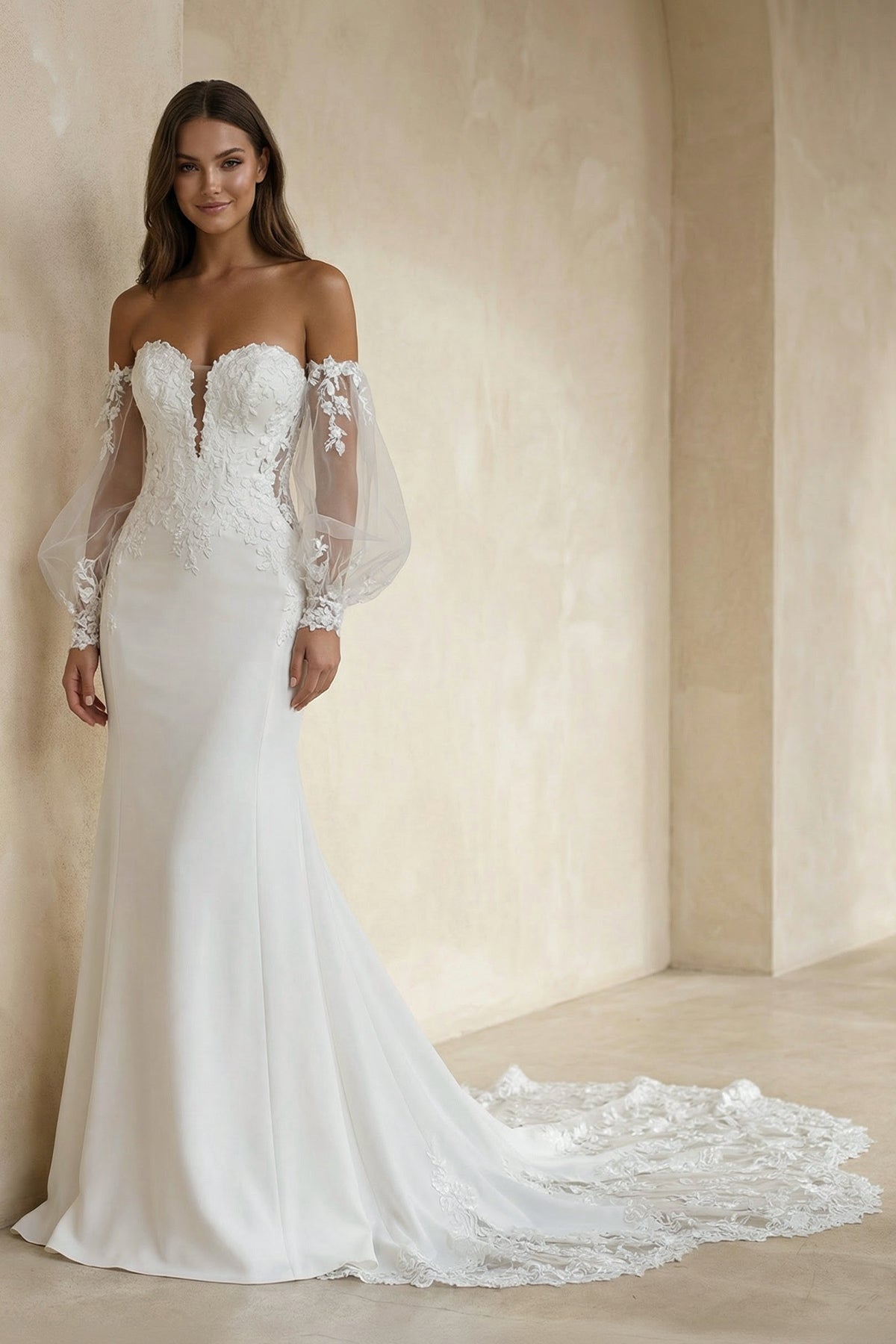 KissProm Ethereal Mermaid Plunging Neck Chiffon Tulle Wedding Dress with Appliques, Diamond White / 6