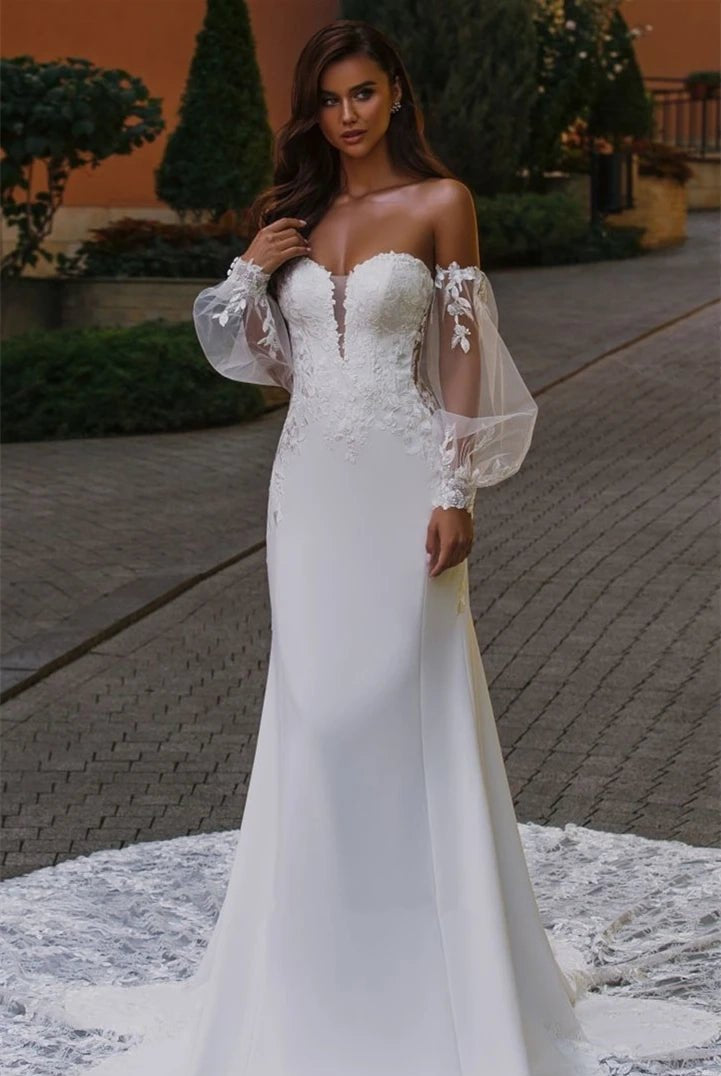 Ramina | Ethereal Mermaid Plunging Neck Chiffon Tulle Wedding Dress with Appliques