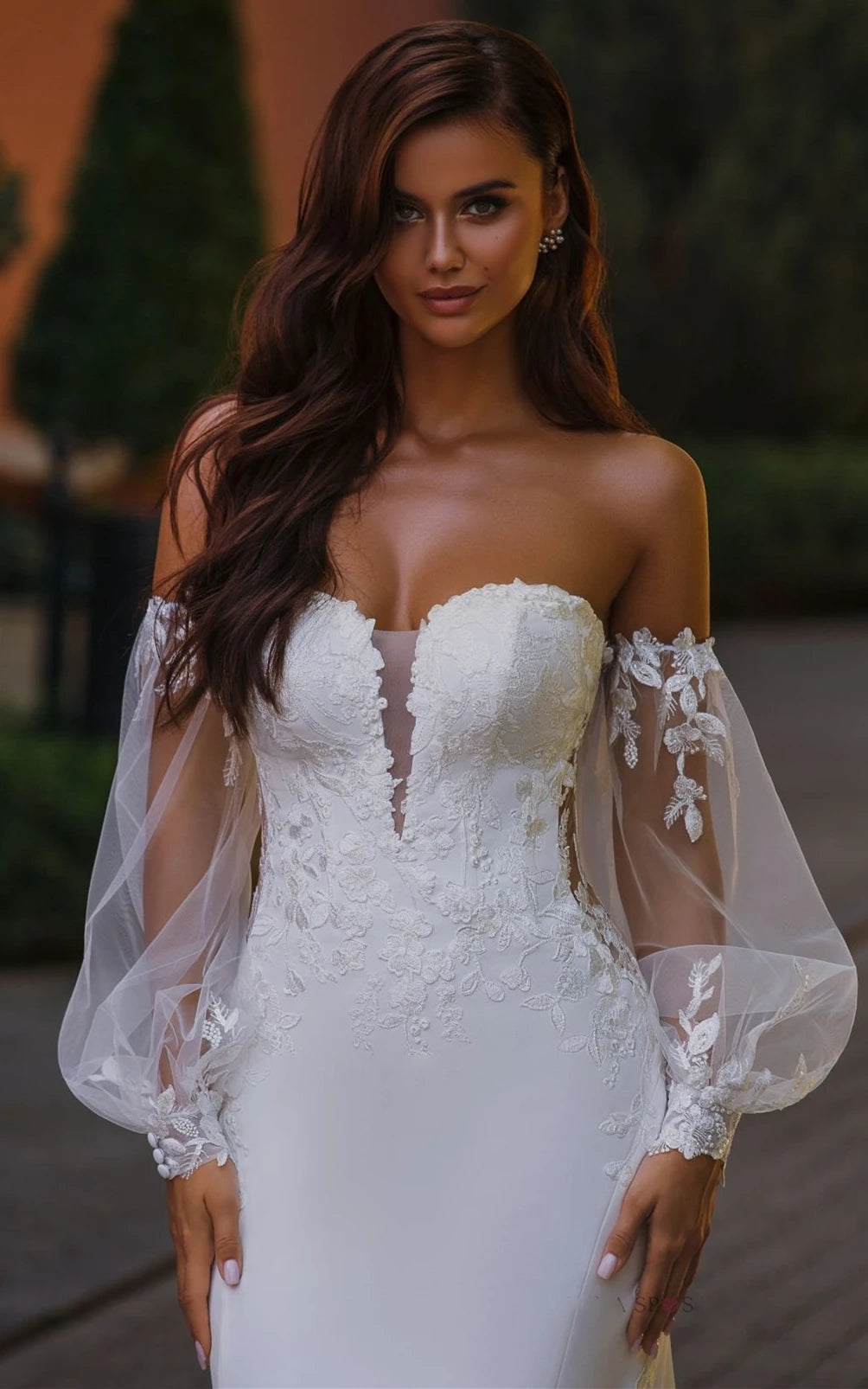 Ramina | Ethereal Mermaid Plunging Neck Chiffon Tulle Wedding Dress with Appliques