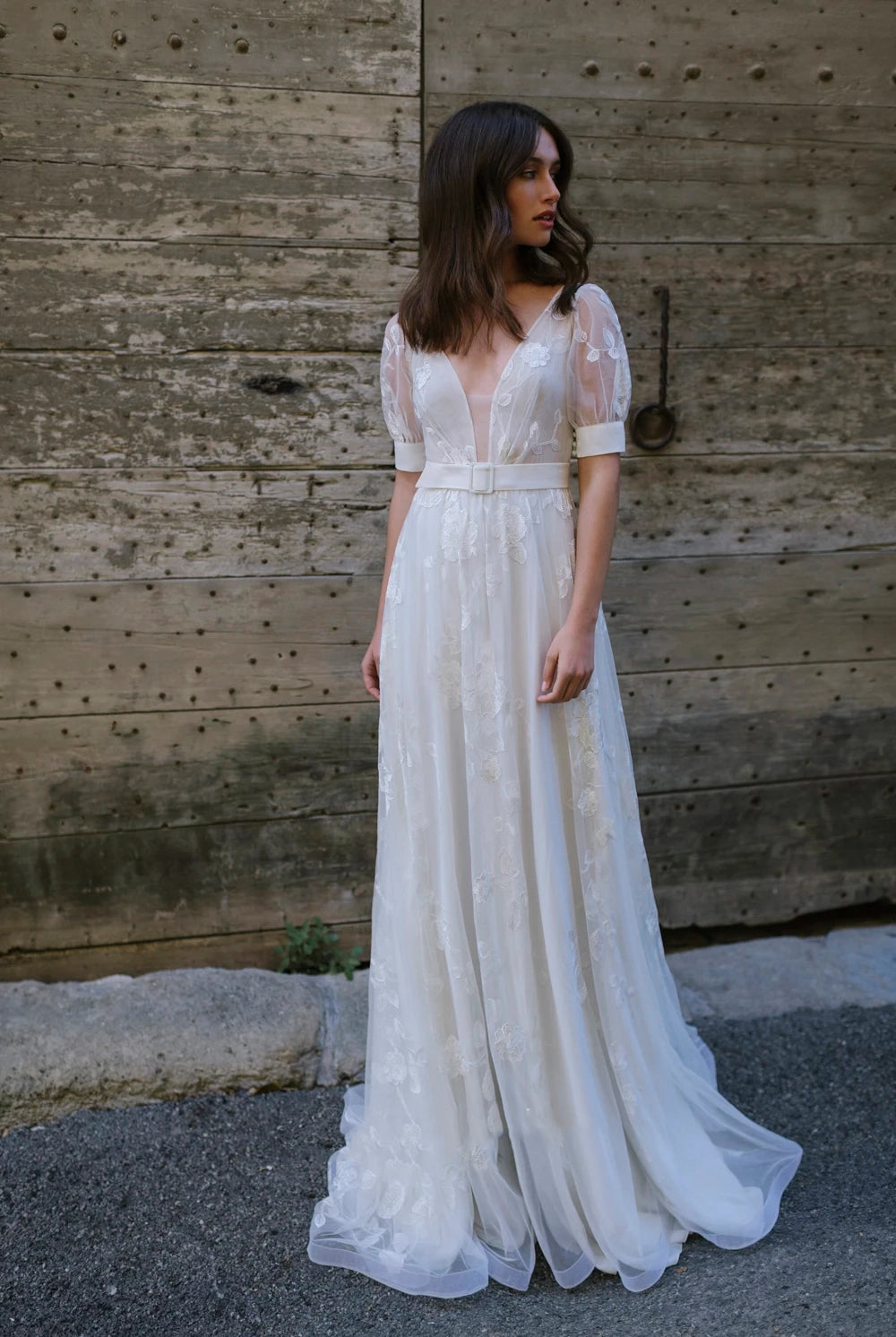 Ethereal Tulle Plunging Neck Half Sleeve Long Bridal Gown