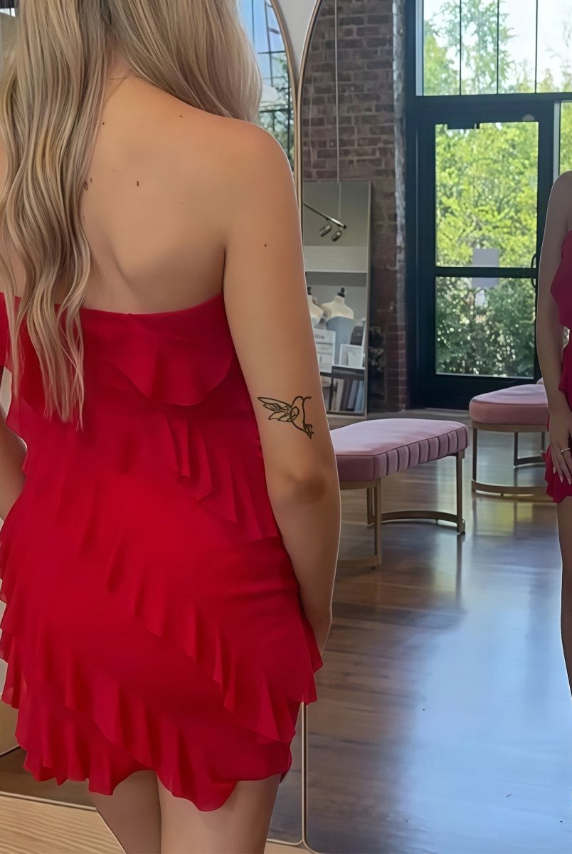 Evadira | Red - Sheath Chiffon Strapless Ruffled Short Homecoming Dresses