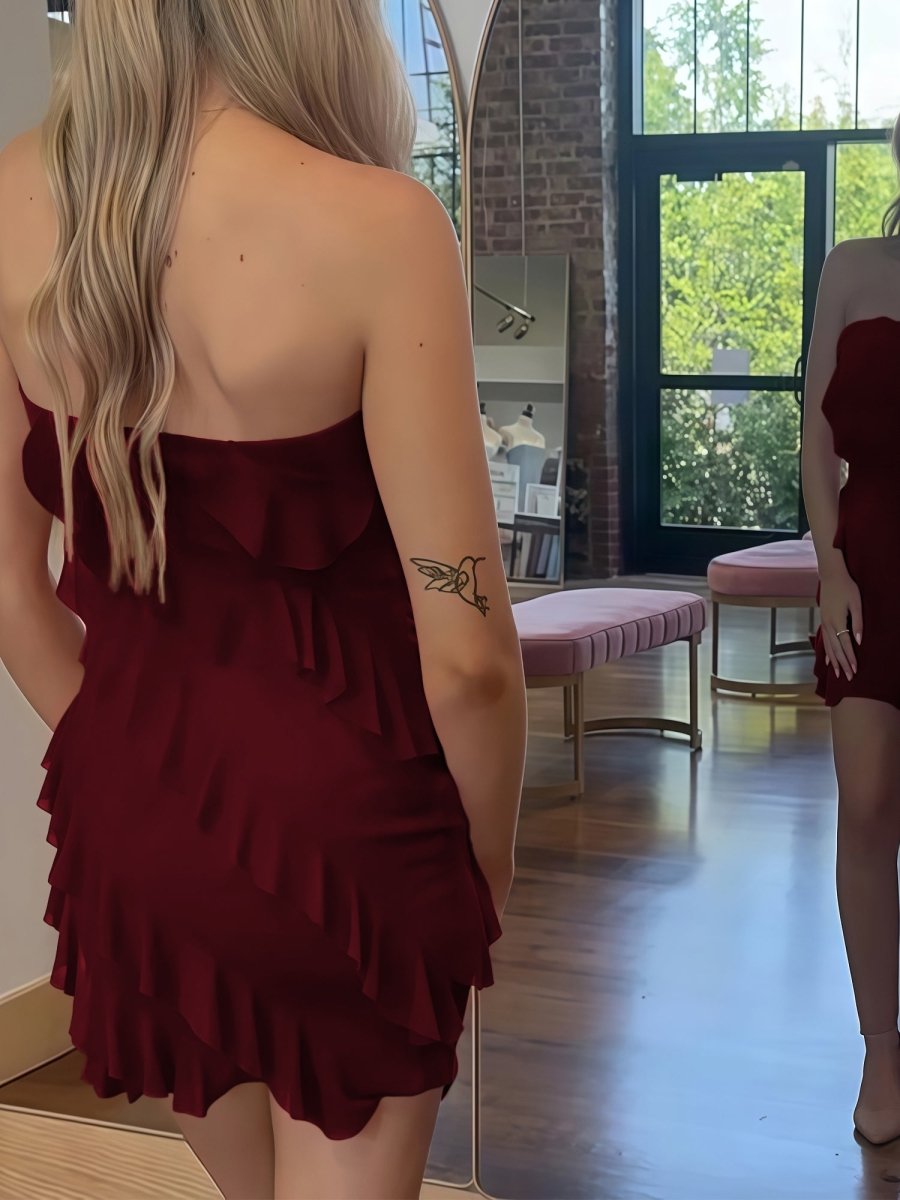 Evadira | Red - Sheath Chiffon Strapless Ruffled Short Homecoming Dresses