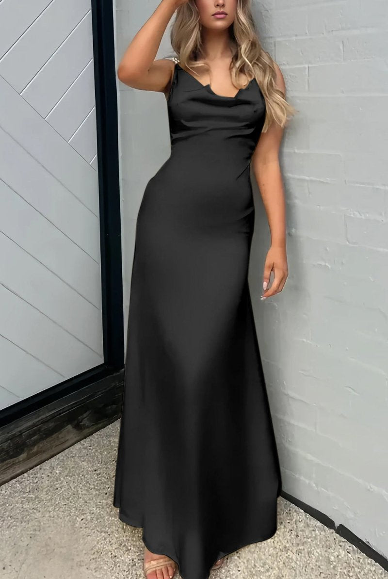 Evale | Yellow - Sheath Spaghetti Straps Satin Long Prom Dresses With Pearls - KissProm