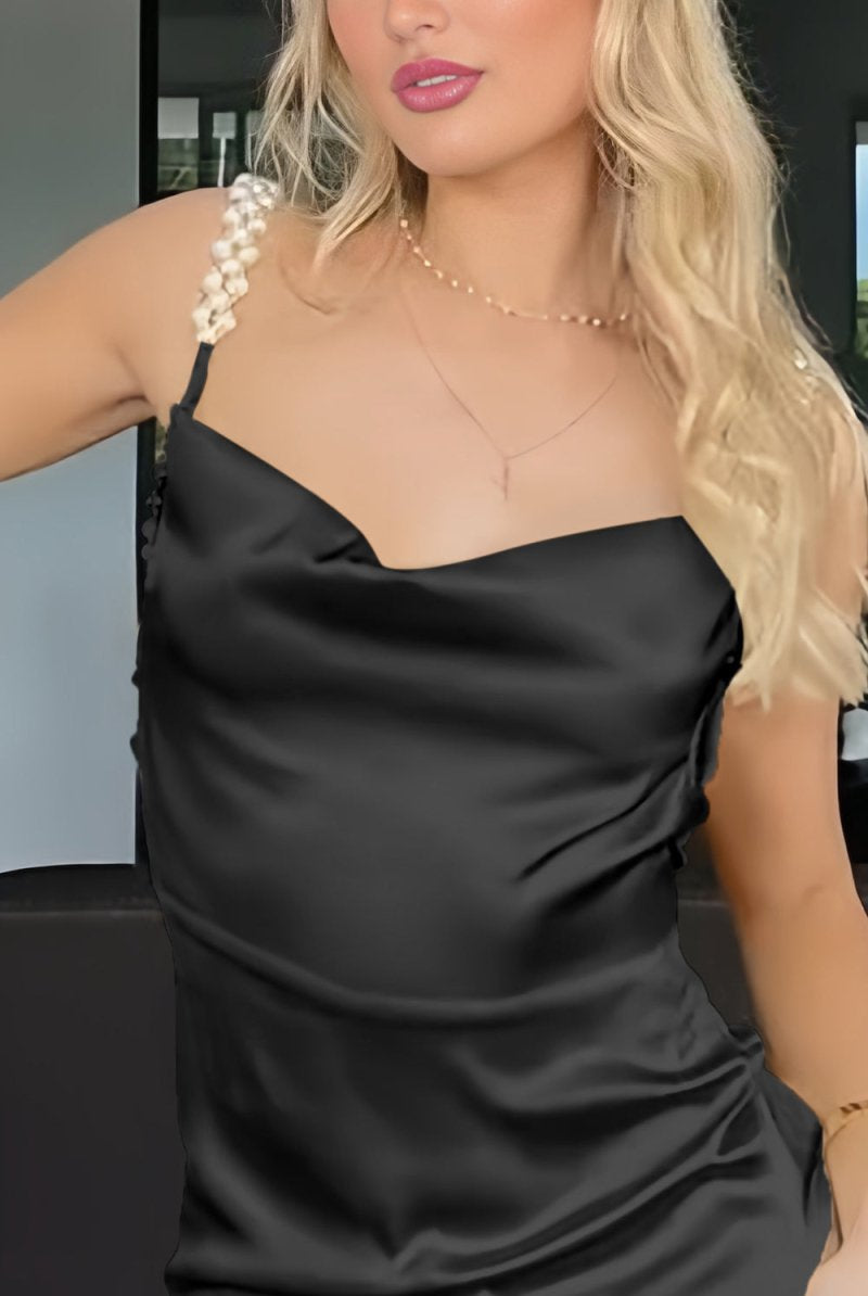 Evale | Yellow - Sheath Spaghetti Straps Satin Long Prom Dresses With Pearls - KissProm