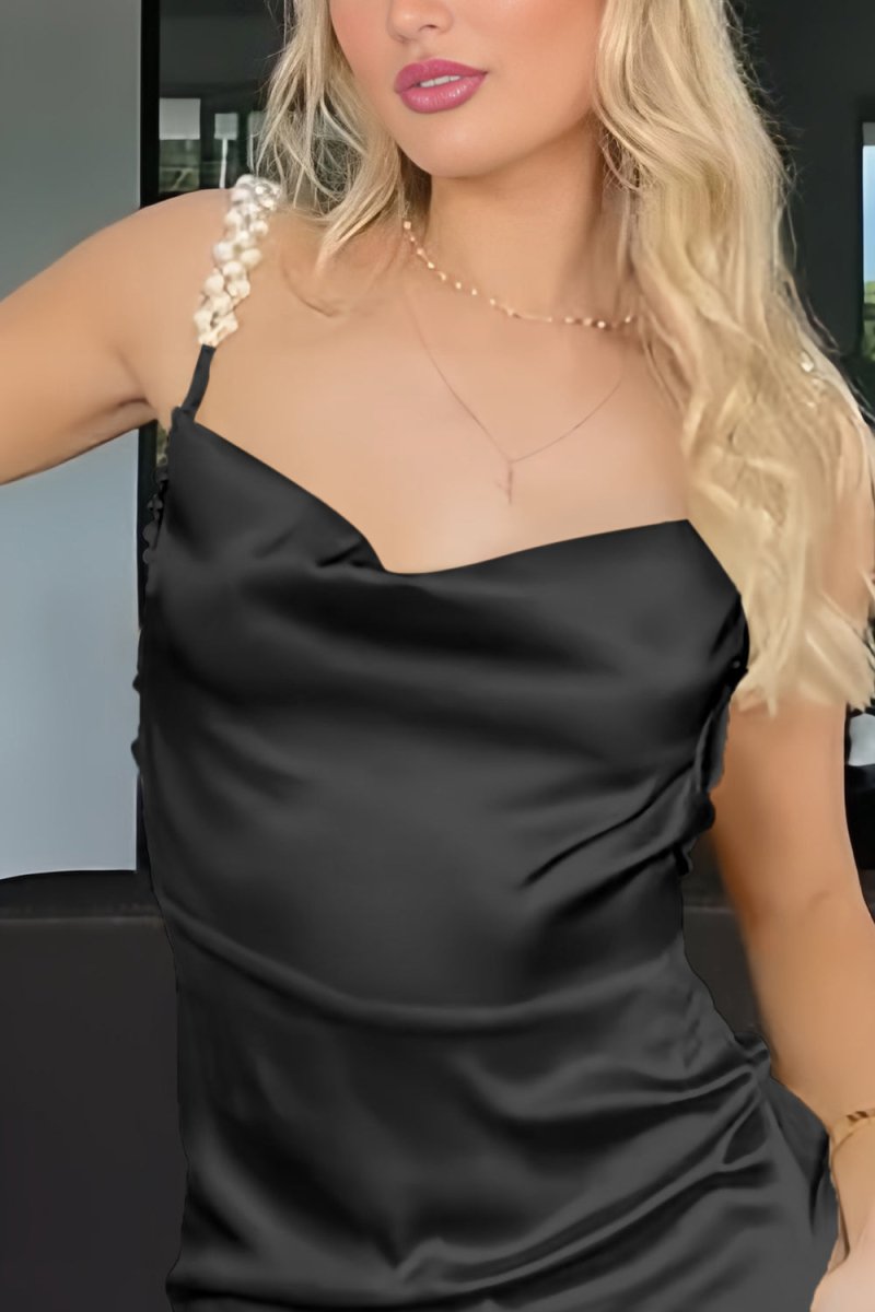 Evale | Yellow - Sheath Spaghetti Straps Satin Long Prom Dresses With Pearls - KissProm