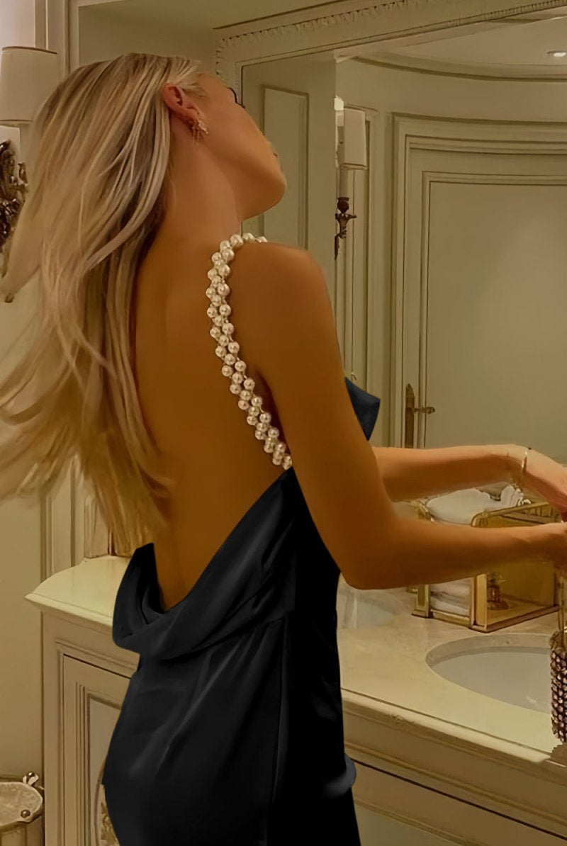 Evale | Yellow - Sheath Spaghetti Straps Satin Long Prom Dresses With Pearls - KissProm