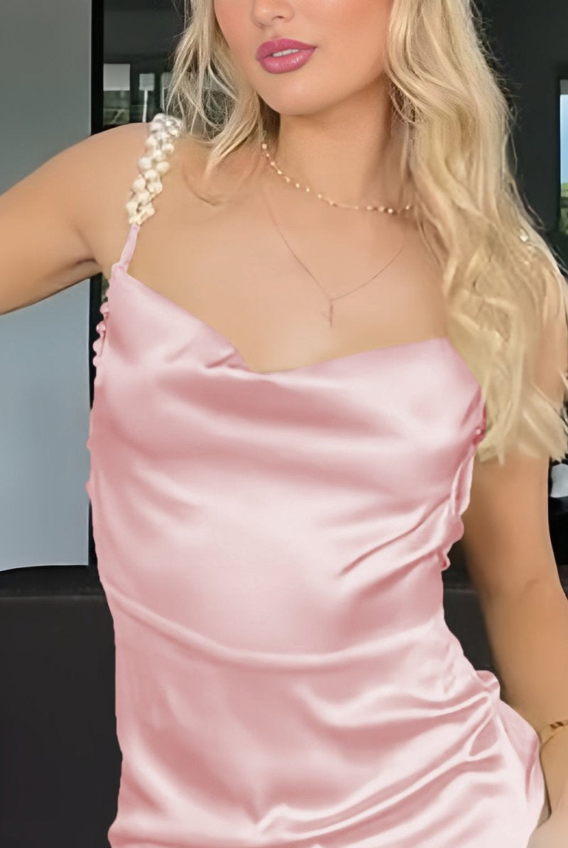 Evale | Yellow - Sheath Spaghetti Straps Satin Long Prom Dresses With Pearls - KissProm