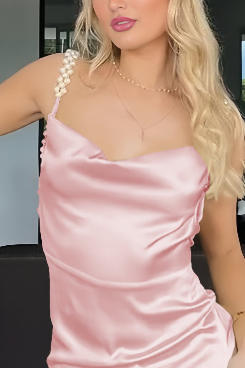 Evale | Yellow - Sheath Spaghetti Straps Satin Long Prom Dresses With Pearls - KissProm