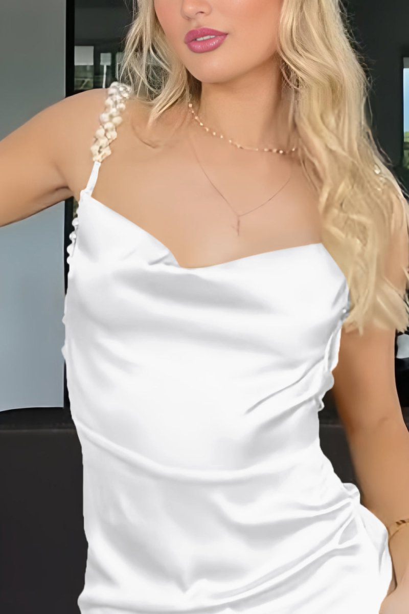 Evale | Yellow - Sheath Spaghetti Straps Satin Long Prom Dresses With Pearls - KissProm