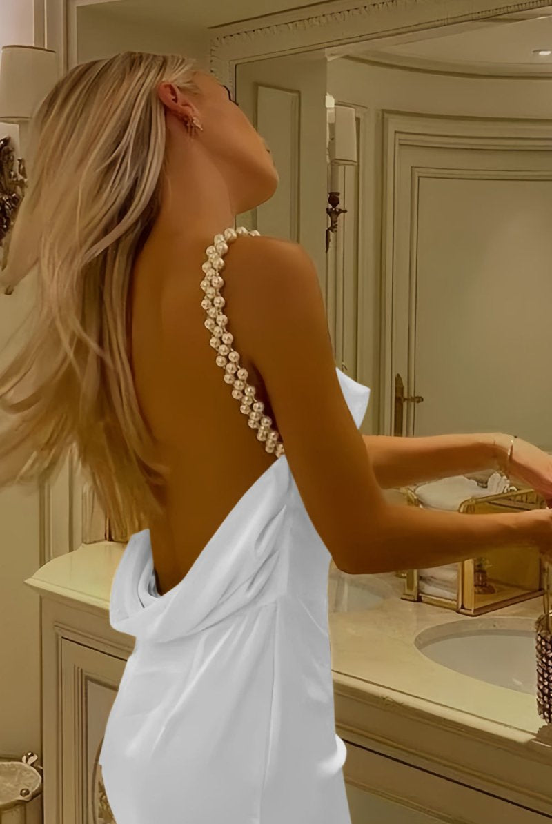 Evale | Yellow - Sheath Spaghetti Straps Satin Long Prom Dresses With Pearls - KissProm