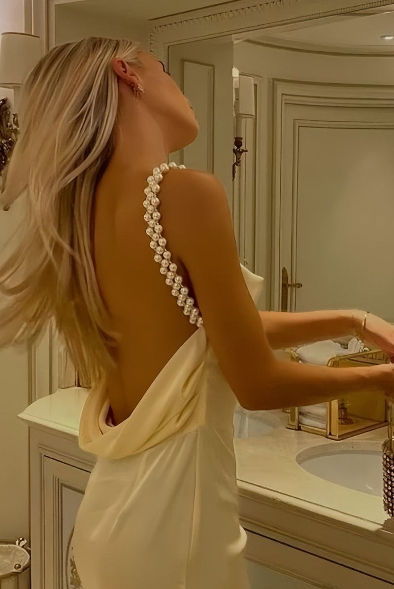 Evale | Yellow - Sheath Spaghetti Straps Satin Long Prom Dresses With Pearls - KissProm