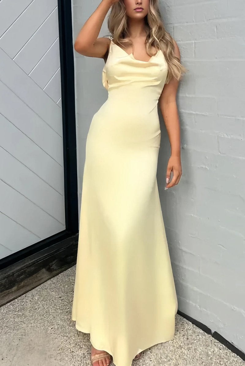 Evale | Yellow - Sheath Spaghetti Straps Satin Long Prom Dresses With Pearls - KissProm