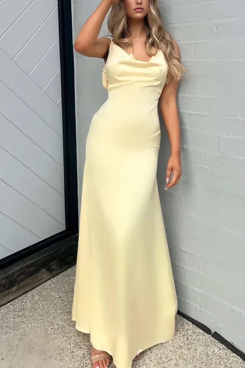 Evale | Yellow - Sheath Spaghetti Straps Satin Long Prom Dresses With Pearls - KissProm